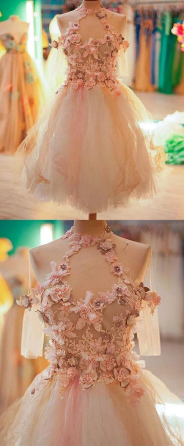 A-line Jewel Knee-length Tulle Homecoming Dress,cocktail Dress With Flowers