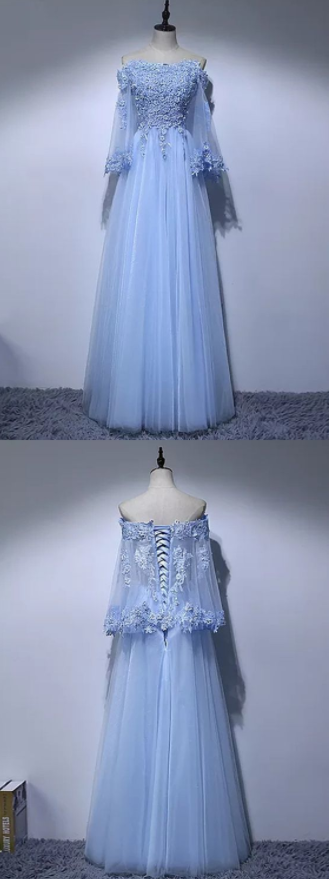 A-line Off-the-shoulder Floor-length Long Sleeve Tulle Prom Dress/evening Dress