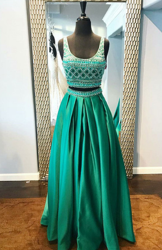 made to measure prom dresses Two Piece Scoop Floor-length Green Satin Beaded Prom Dress