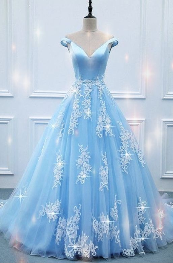 light blue off the shoulder ball gown