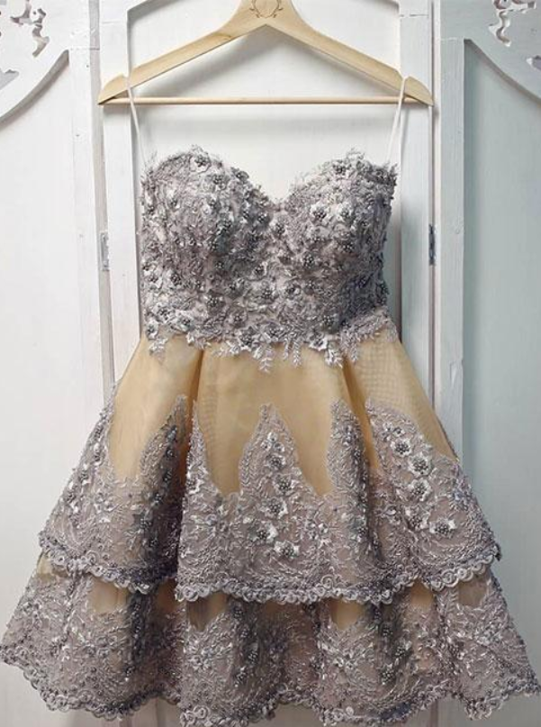 Unique Sweetheart Neck Lace Short Prom Dress, Gray Homecoming Dress
