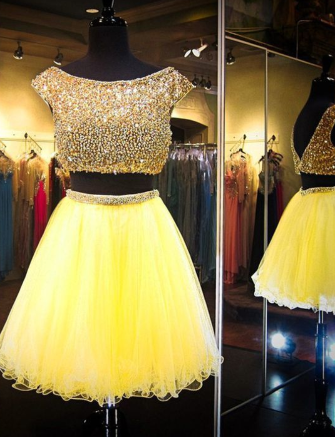 Luxury Beaded Crystal Two Pieces Short Prom Dress Ball Gowns Yellow Tulle Homecoming Party Gowns Custom Made Short Party Gowns