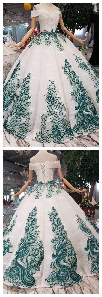 Ball Gown Off The Shoulder Prom Dress With Green Appliques, Quinceanera Dress