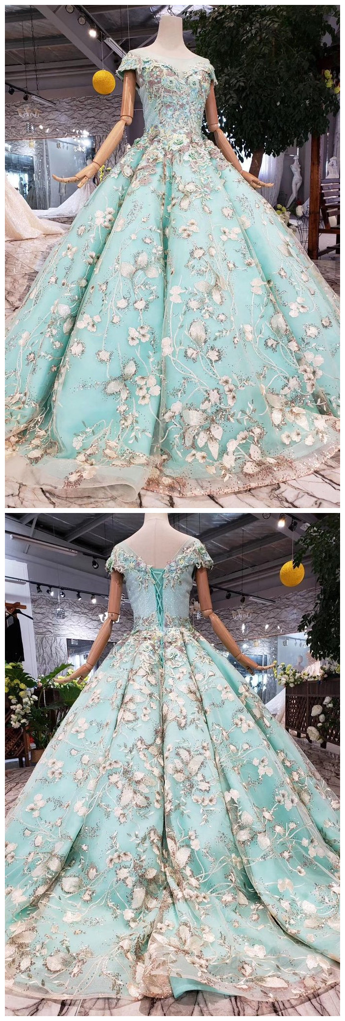 Big Sheer Neck Puffy Prom Dress With Cap Sleeves, Fairy Tale Lace Dress With Beading
