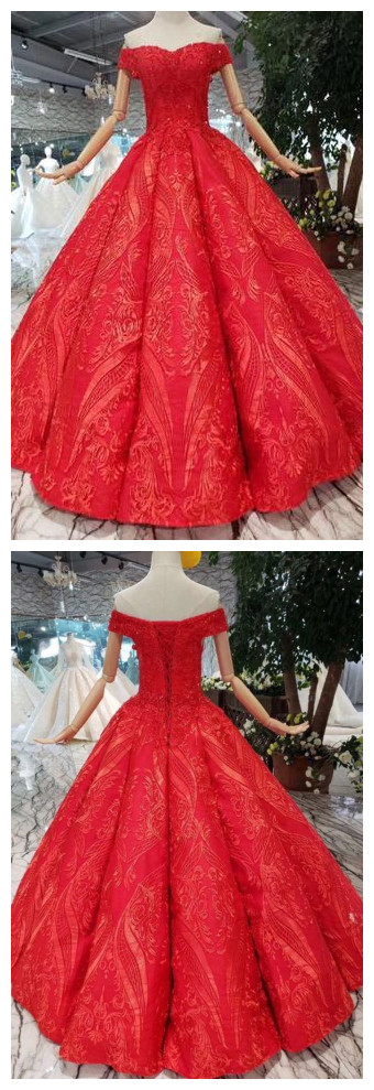 Red Off The Shoulder Puffy Prom Dress, Princess Dress With Lace Appliques Beads