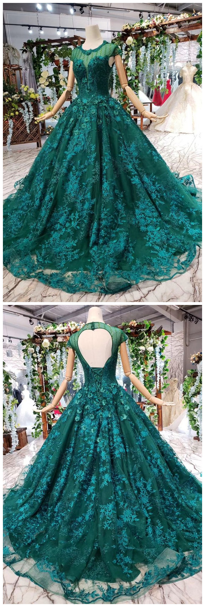 Dark Green Lace Ball Gown Prom Dress With Beads, Quinceanera Dress With Flowers