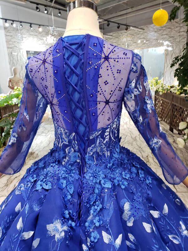 Blue Ball Gown Floral Prom Dress With Long Sleeves, Appliqued Long ...