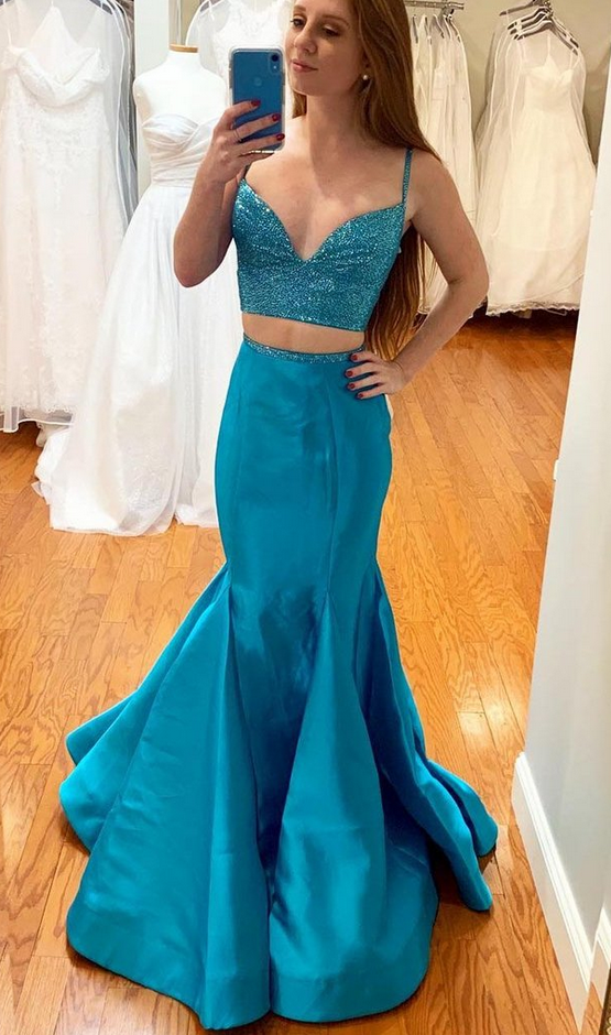 Two Piece Light Blue Mermaid Prom Dress Simple Spaghetti Strap Satin Formal Dress on Luulla