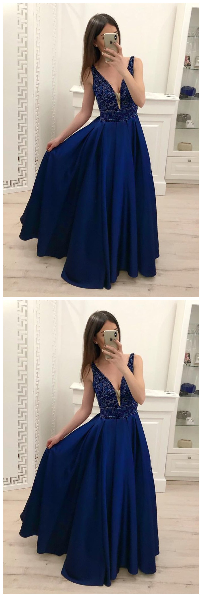 Royal Blue A-line Illusion Back Satin Formal Party Evening Prom Dress, Beaded Lace main image 1