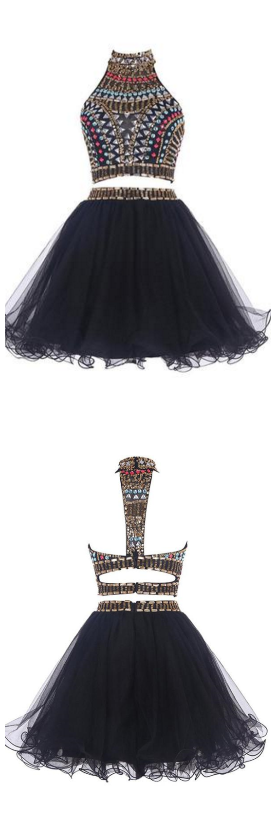 2 piece prom dresses navy blue Sexy Navy Blue Sequin High Neck Two-piece Prom Dress