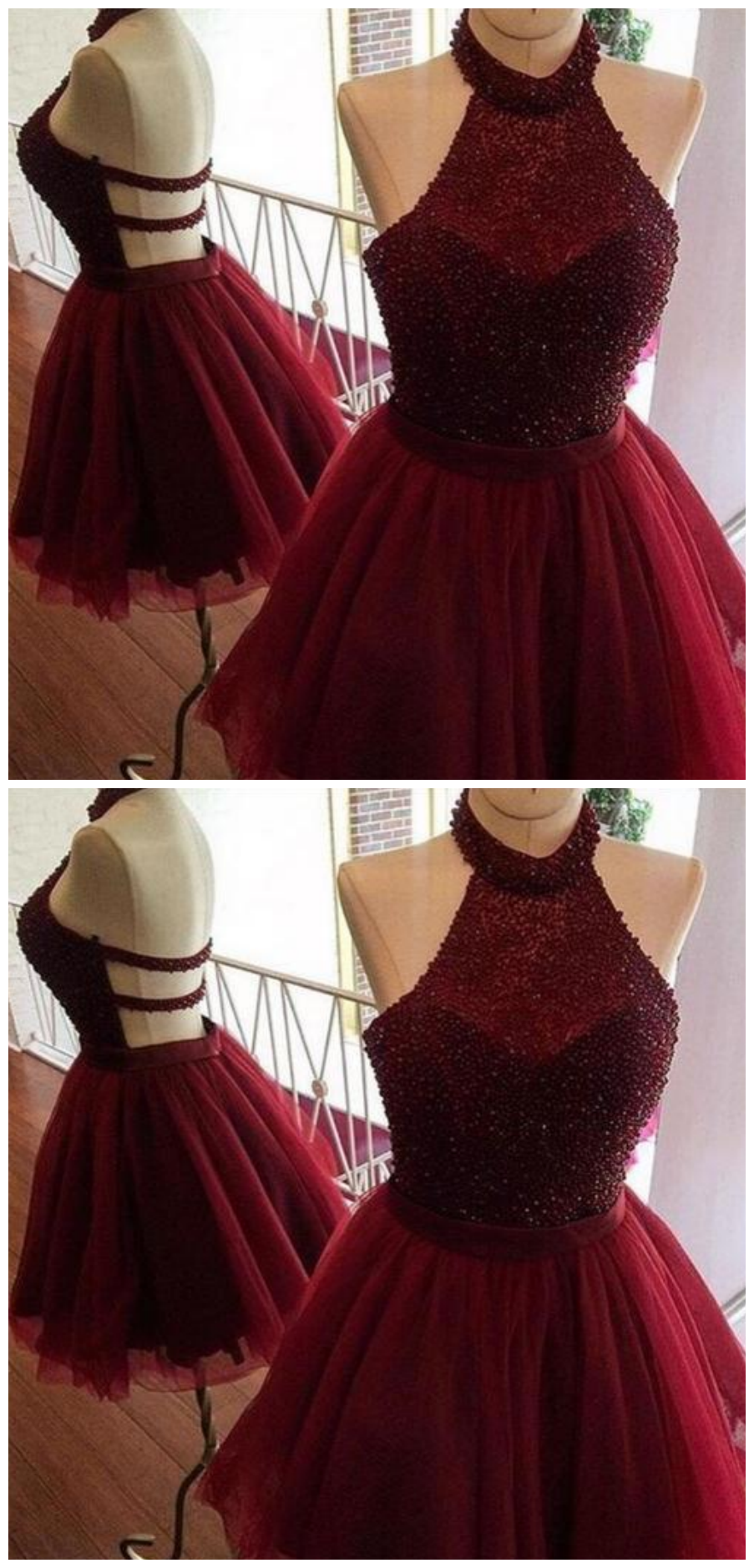 Burgundy Halter Sleeveless Backless Homecoming Dresses Short Cocktail  Dresses