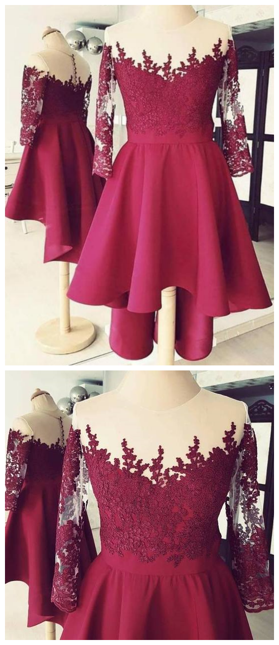 Burgundy Long Sleeves Lace Homecoming Dresses,high Low Cocktail Dresses