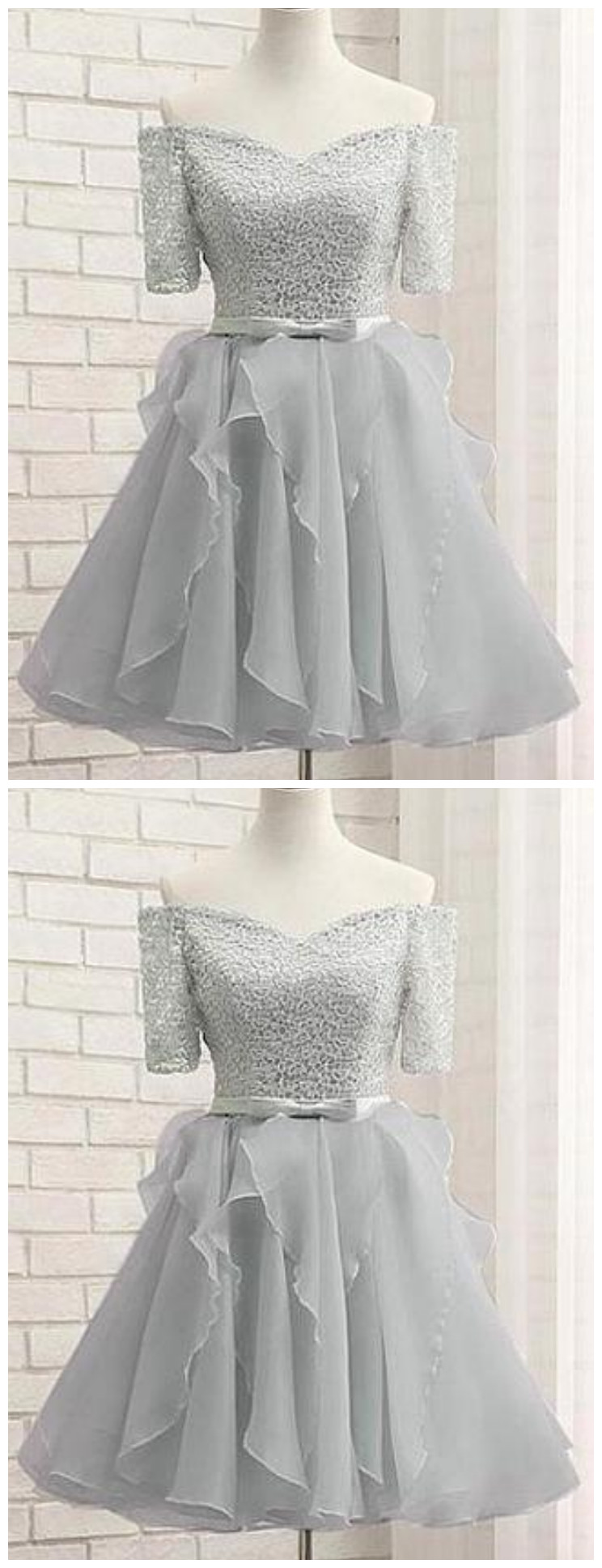 Silver Off Shoulder Lace A Line Prom Dresses Short Homecoming Dresses