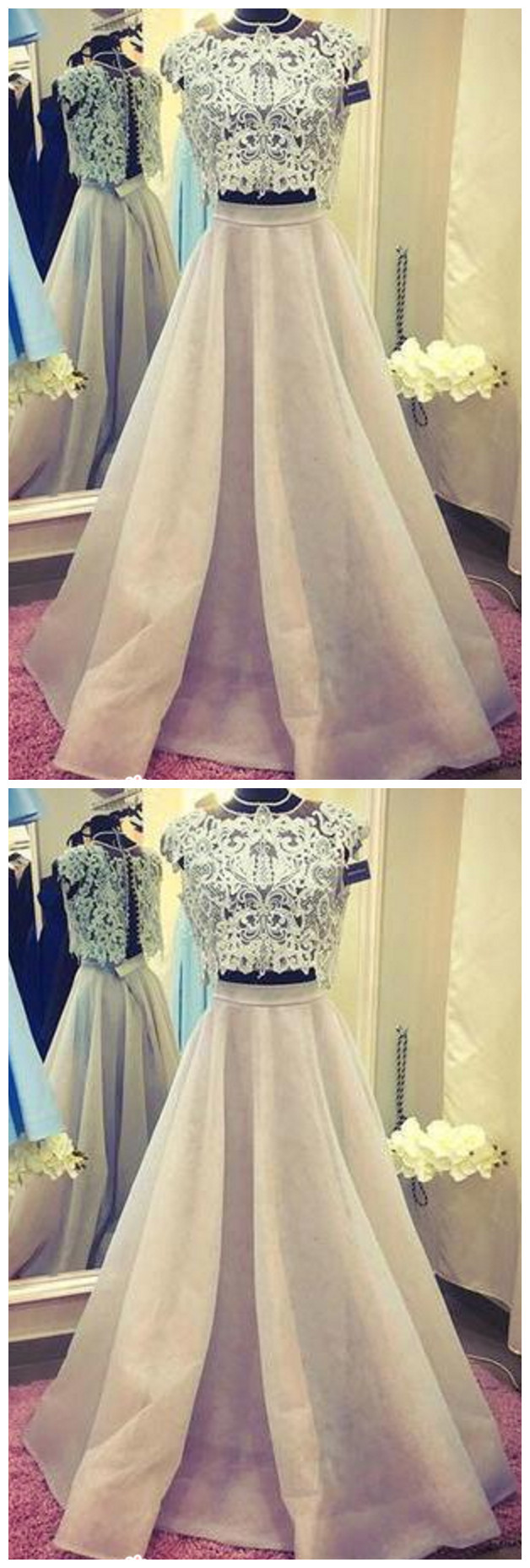 Two Piece Prom Dresses A-line Floor-length Halter Organza Long Lace Chic Prom Dress