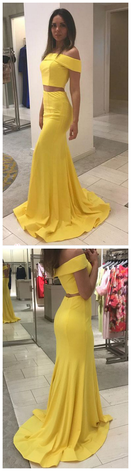 Two Piece Prom Dresses Trumpet Mermaid Brush Train Long Yellow Chic ...