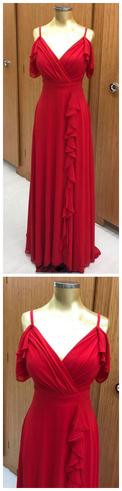 Red Chiffon Long Prom Dress, Red Chiffon Evening Dress