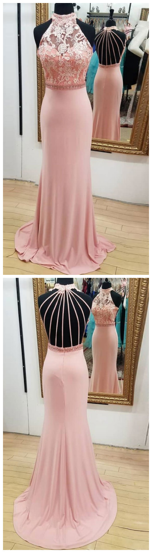 Pink mermaid two piece long prom dresses, Pink mermaid formal evening dresses