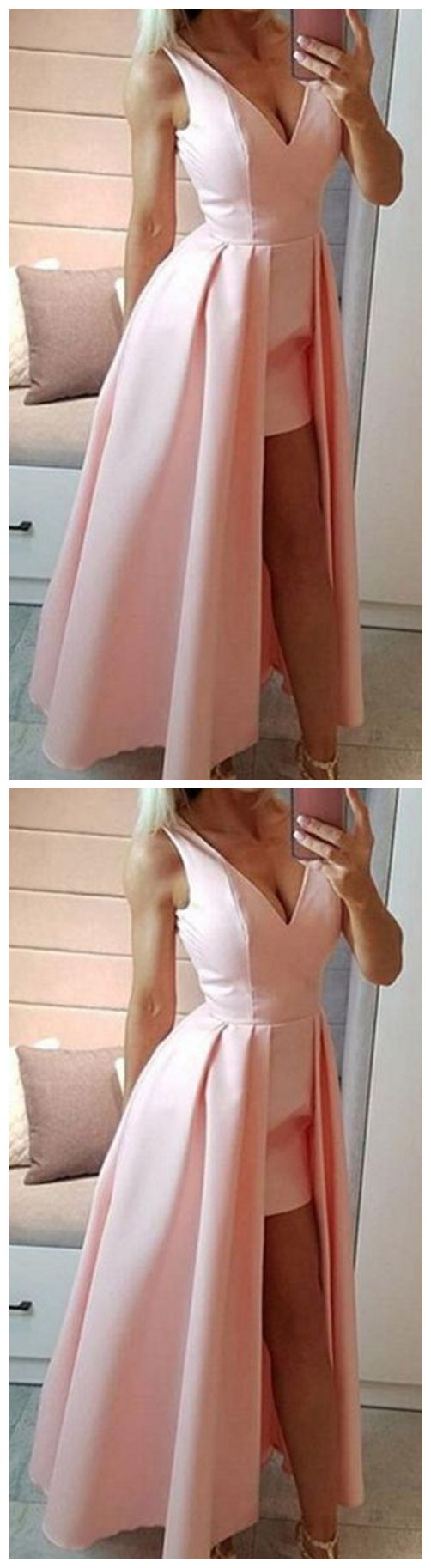 V Neck Pink Satin Prom Dress Custom Made Sexy High Low Evening Party Dress On Luulla 2277