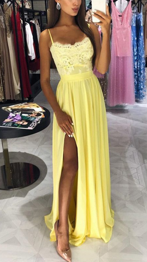 Yellow Lace Appliques Long Chiffon Prom Dresses Leg Slit Evening Gowns