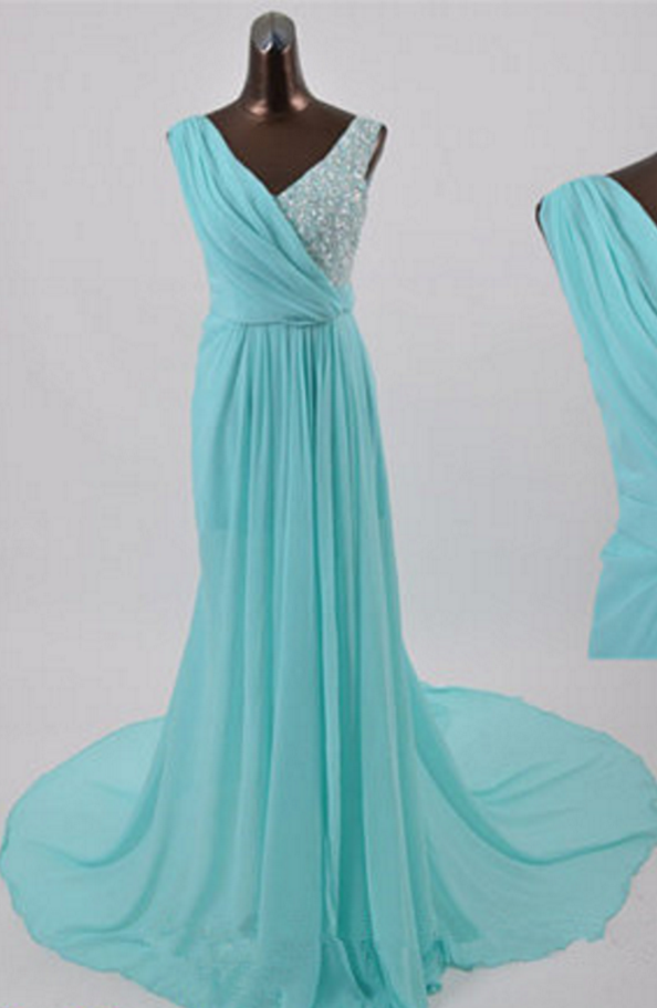 A-line Light Blue Chiffon V-neckline Floor Length Party Dress, Chiffon Long Prom Dress
