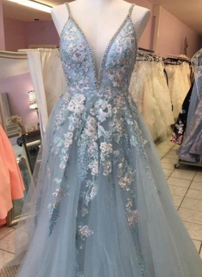 A-line Spaghetti Straps V-neck Blue Long Prom Dresses , Prom Dresses