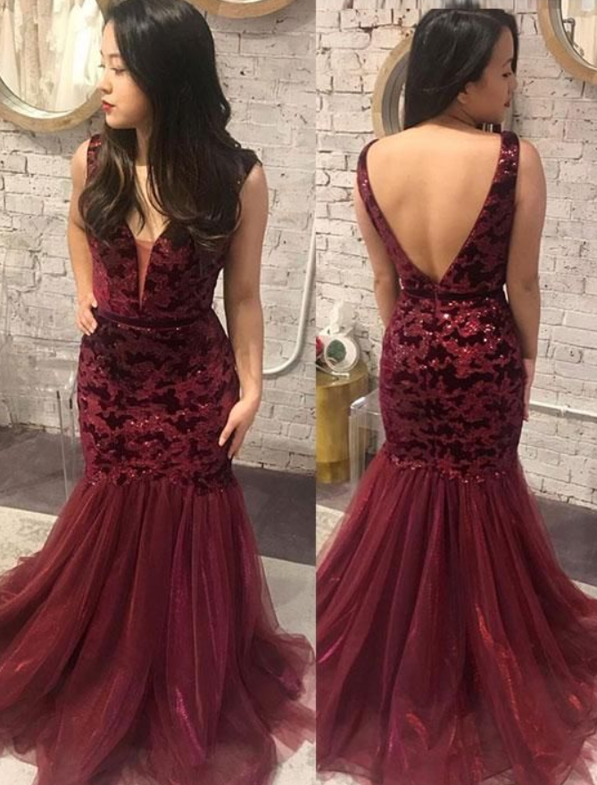 Burgundy Lace Sequins Long Prom Dress, Mermaid Evening Dress