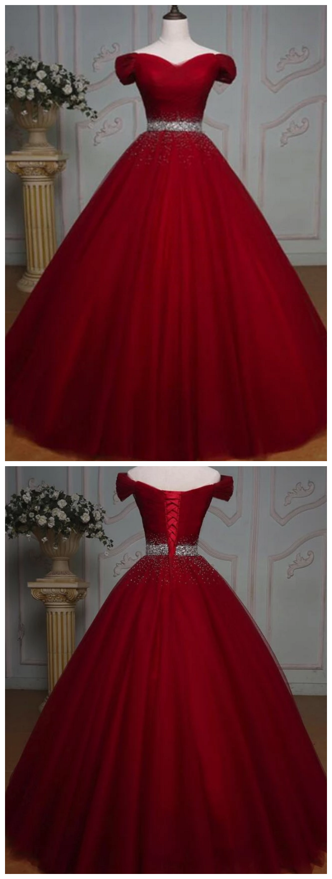 Dark Red Tulle Gorgeous Ball Gown, Burgundy Off Shoulder With Beaded Waist, Pretty Formal Dress