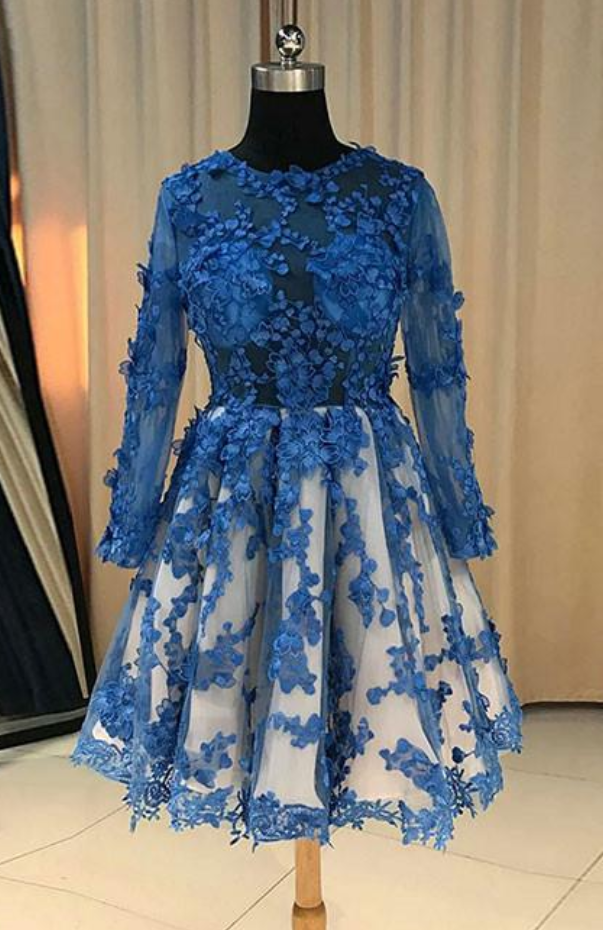 Blue Lace Short Prom Dress, Blue Lace Bridesmaid Dress