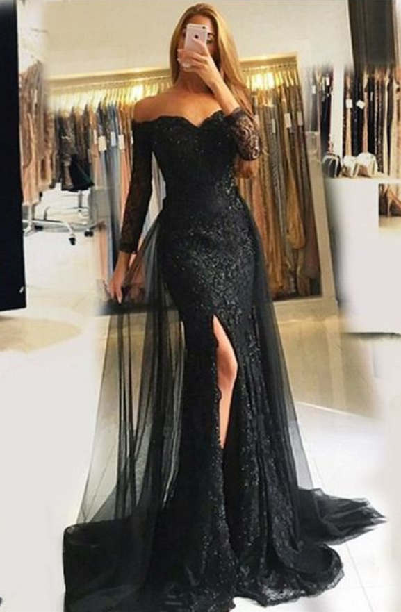 Mermaid Off The Shoulder Detachable Train Black Tulle Prom Dress With ...