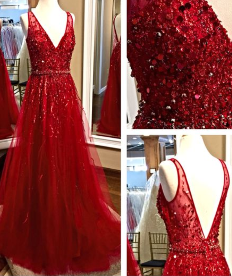 Custom Made Charming Red Prom Dress, Sexy Beading Evening Dress,vneck