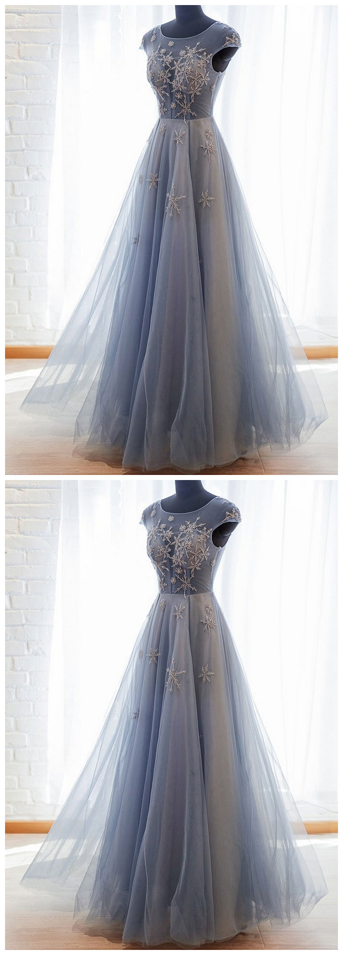Blue Tulle Lace Long Prom Dress Blue Tulle Formal Dress