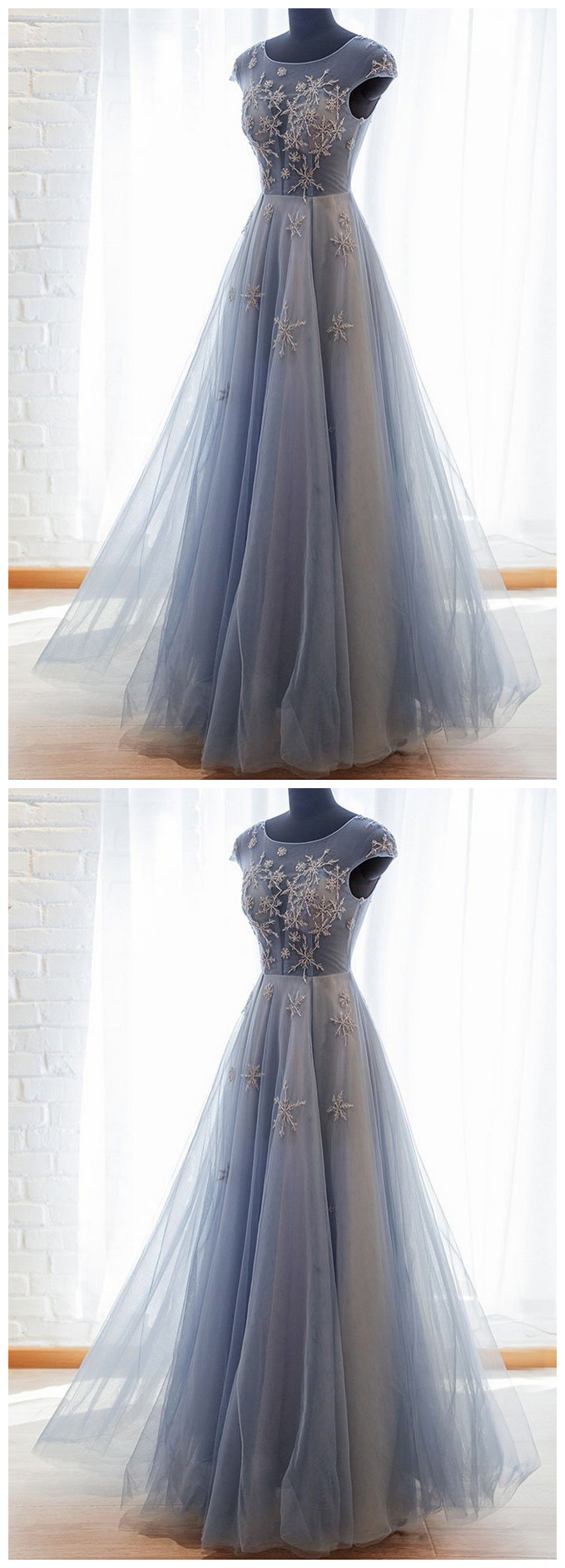 Simple blue tulle prom dress, blue tulle formal dress