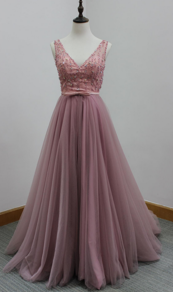 Pink Floor Length Prom Dress,tulle Formal Gown Featuring Sleeveless Plunge V Bodice With Beaded Embellishment, Bow Accent Belt And Open Back