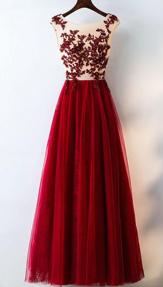 Burgundy Round Neck Tulle Lace Long Prom Dress