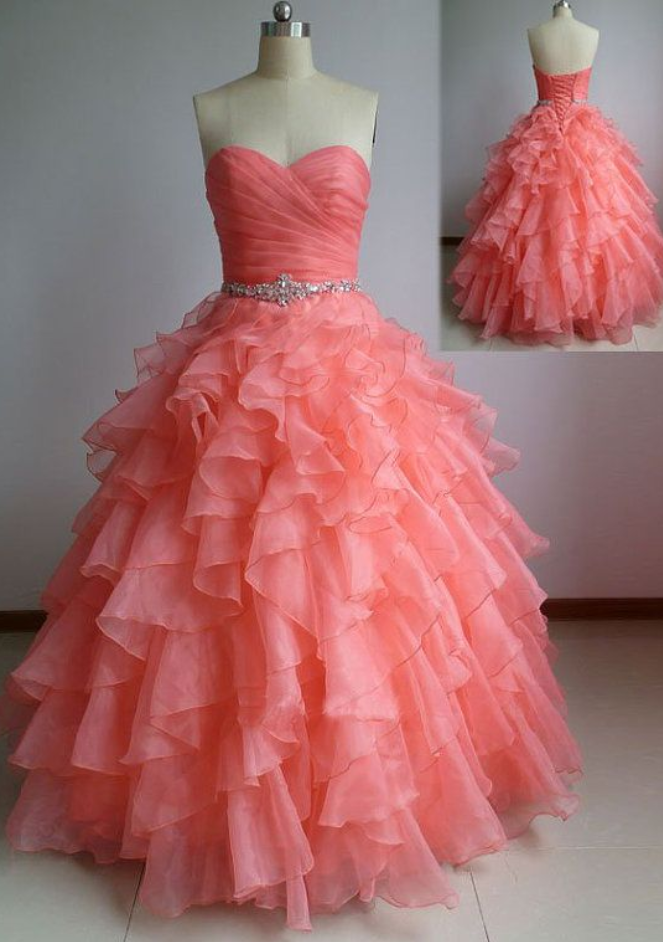 Beautiful Coral Ball Gown Sweetheart Prom Dresses With Beadings, Coral Prom Dresses, Prom Dress 2017, Prom Gown, Sweet 16 Dress