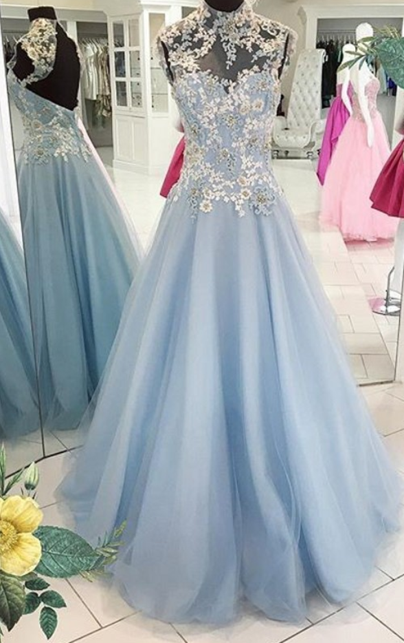 Elegant Light Blue Prom Dress,sexy Prom Dresses, Sexy Prom Dresses,sleeveless Appliques Lace Tulle Ball Gown,long Evening Dress,elegant Formal