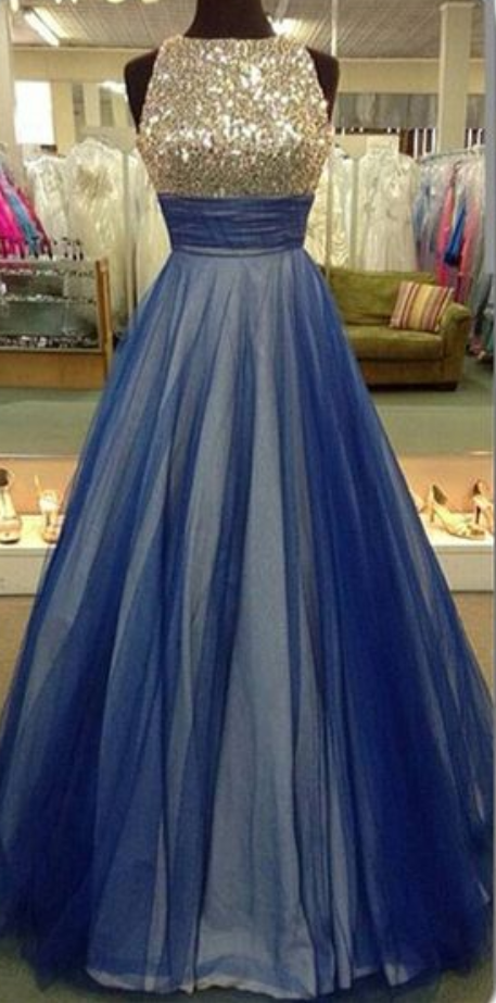 Long Blue Prom Dress, Charming Beaded Prom Dresses, 2017 Formal Evening Gown, Arrive A-line Prom Dress,high Quality Evening Gown
