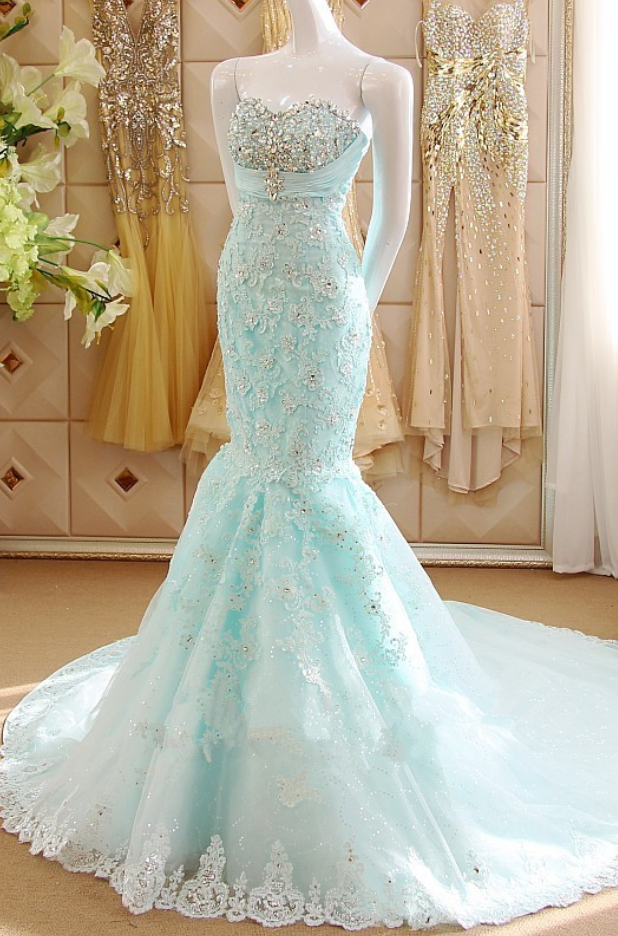 Ice Blue Lace Appliquéd And Beaded Embellished Floor Length Mermaid Prom Gown Featuring Sweetheart Bodice And Chapel Train,