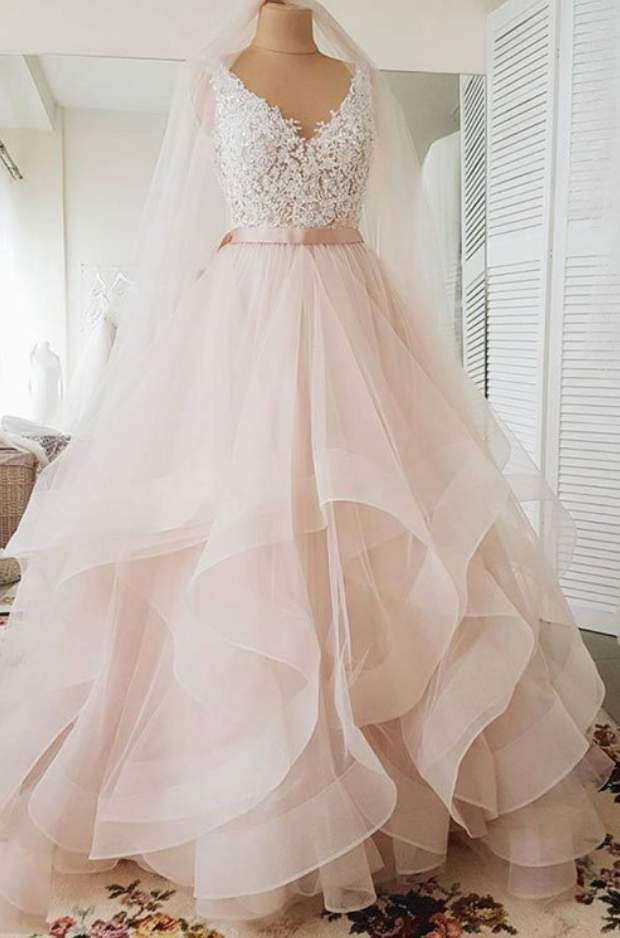 Pink V Neck Lace Long Prom Dress, Pink Evening Dress