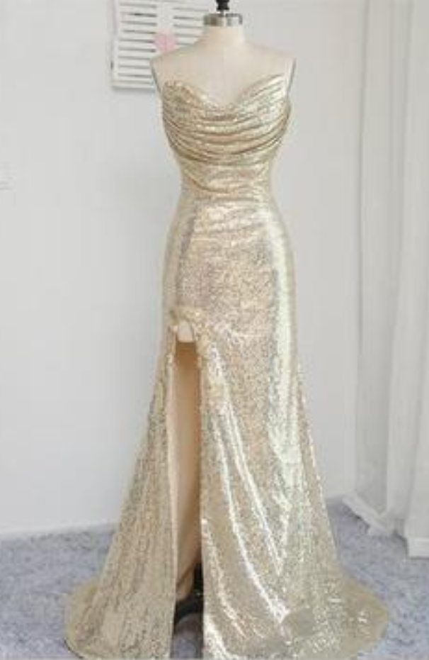 Sparkly Beautiful Elegant Sweetheart Strapless Split Prom Dresses Sequin Evening Dresses,