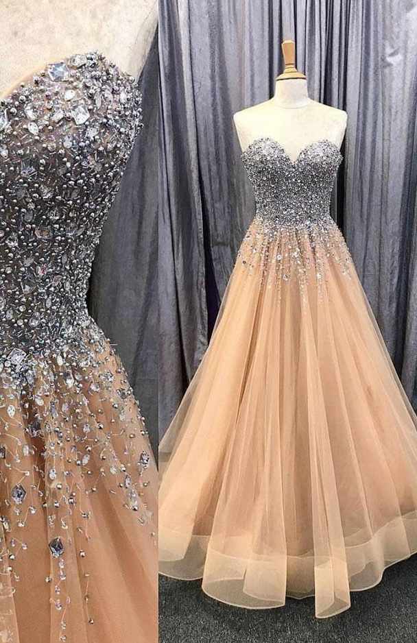 Champagne Tulle Beaded Long Formal Prom Dress, Evening Dress