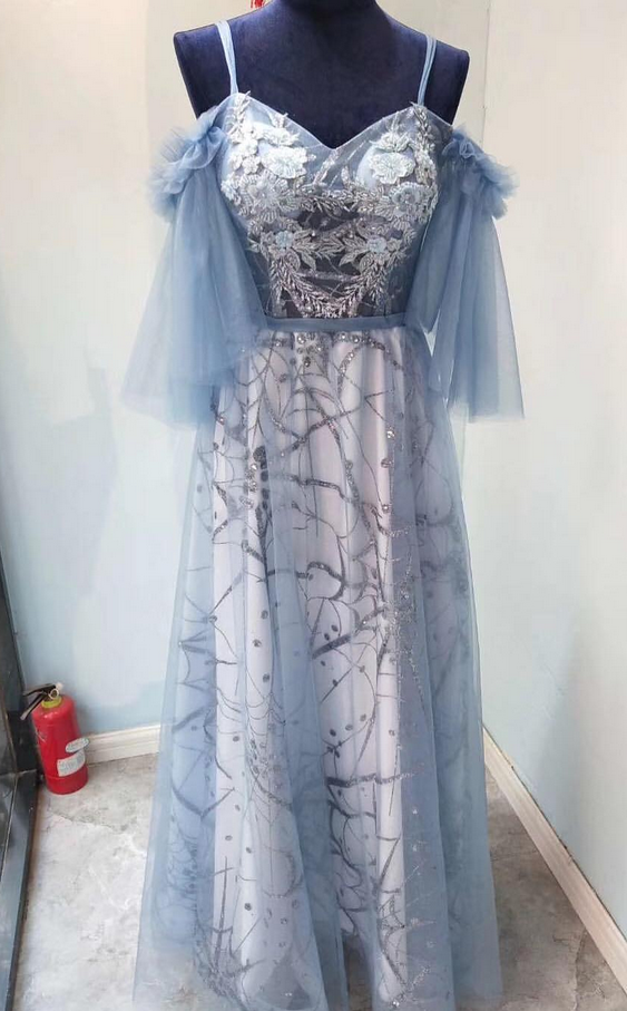 Fairy Blue Sheer Applique Off-the-shoulder Prom Dress,