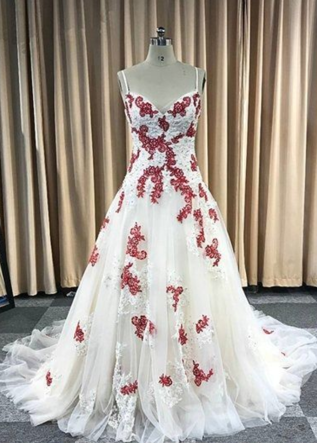 Cute Gorgeous Ivory Tulle Red Lace Applique Long Spaghetti Straps Senior Prom Dress
