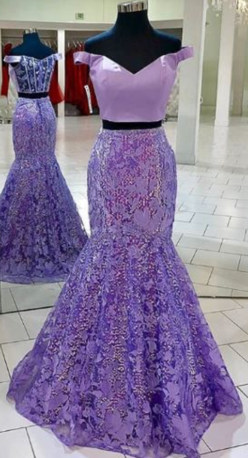 Off The Shoulder Two Piece Long Prom Dress