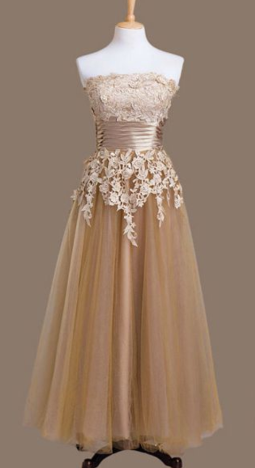 Champagne Prom Dress,a-line Lace Appliques Prom Dresses
