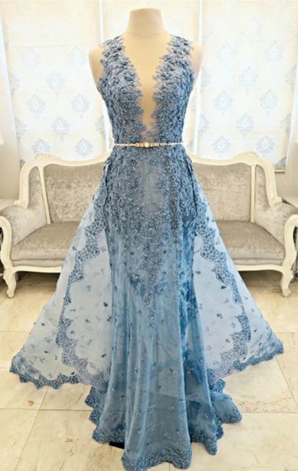 V-neck Long A-line Lace Tulle Prom Dresses, Lovely Prom Dresses, 2020 Prom Dresses main image 0