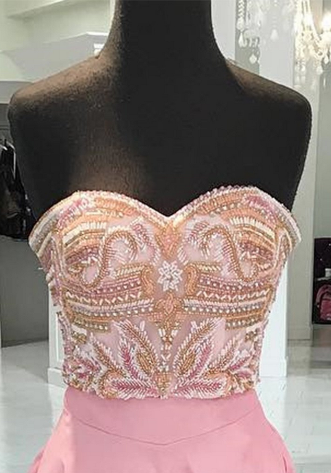 Charming Pink Satin Beaded Hi-Low Long Party Dress Birthday Dress SP2065