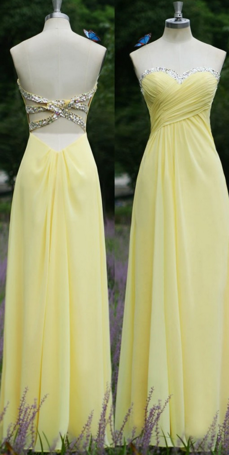 Sweetheart Sequined Ruched Beading Backless Chiffon Yellow Prom Dresses