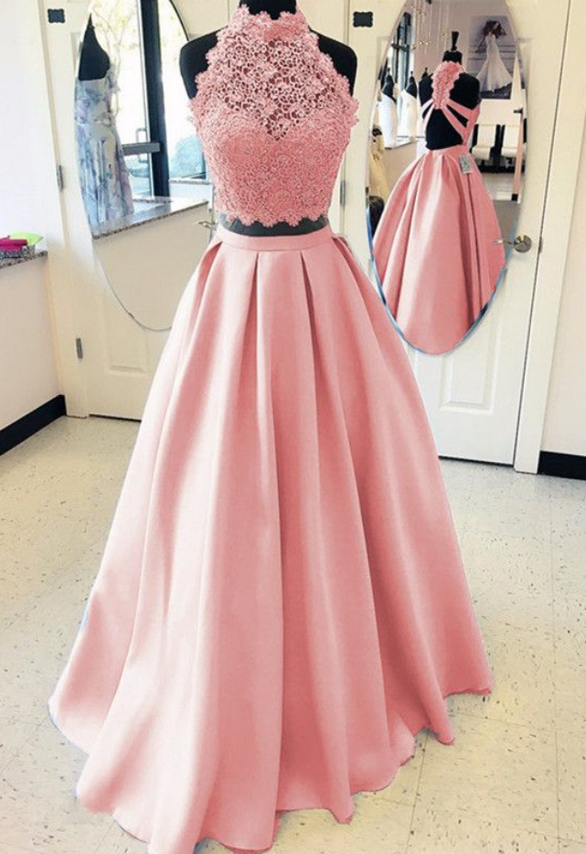 Elegant A-line High Neck Open Back Satin Prom Dresses, Two Piece Evening Gowns, Party Dress,evening Dresses