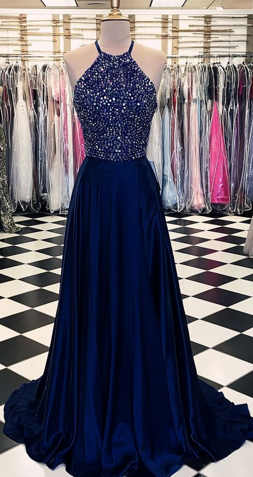 Beaded halter top prom dresses hotsell